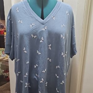 Women's Blue Butterfly Short Sleeves V-Neck Top